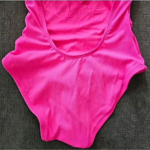 🆕️2023 BECCA BY REBECCA VIRTUE Pink Ribbed Asymmetrical One Piece Swimsuit M - Picture 9 of 14